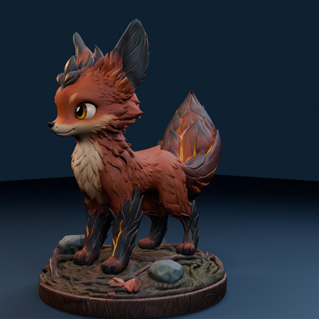Orange fantasy fox with an upright flame-shaped tail on a woodland display base