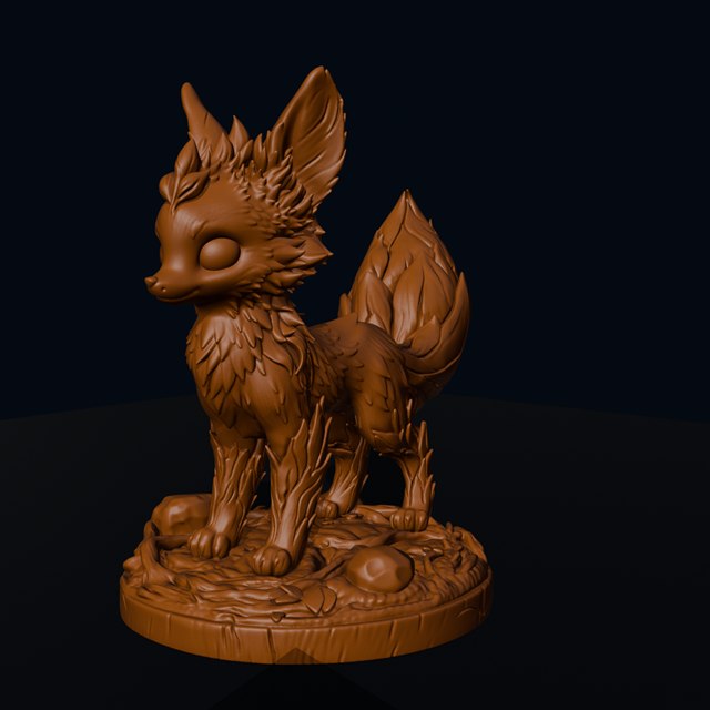 Single-colour digital mesh preview of Cinderbrush showing layered fur, fine ear tips and the raised tail