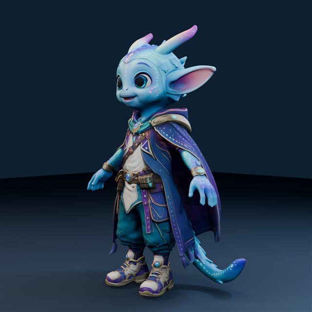 Blue horned alien adventurer with pointed ears, a flowing cape and a curled tail