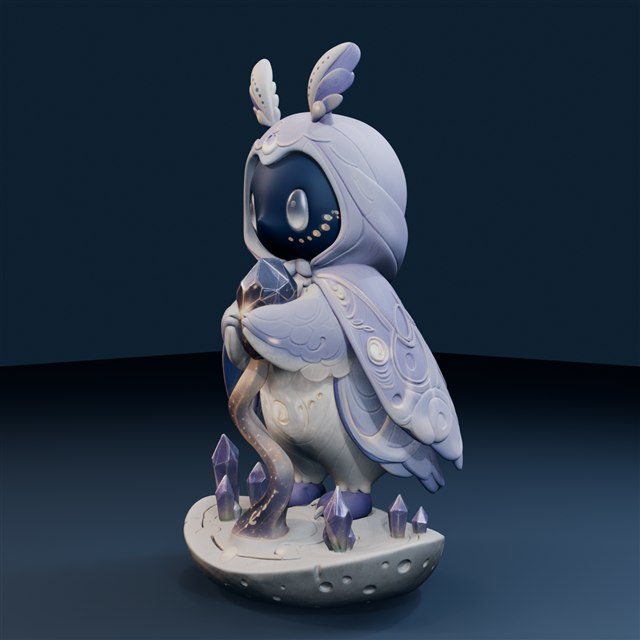 Pale moth-like garden keeper with tall antennae and layered wings, holding a crystal