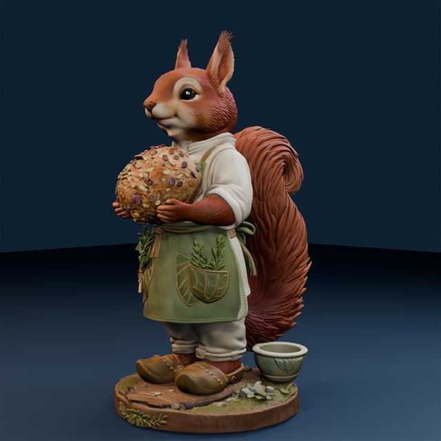 Squirrel baker wearing a green apron and carrying a round harvest loaf