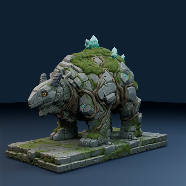 Tortoise-like guardian carrying moss-covered stone ruins and crystals on its shell