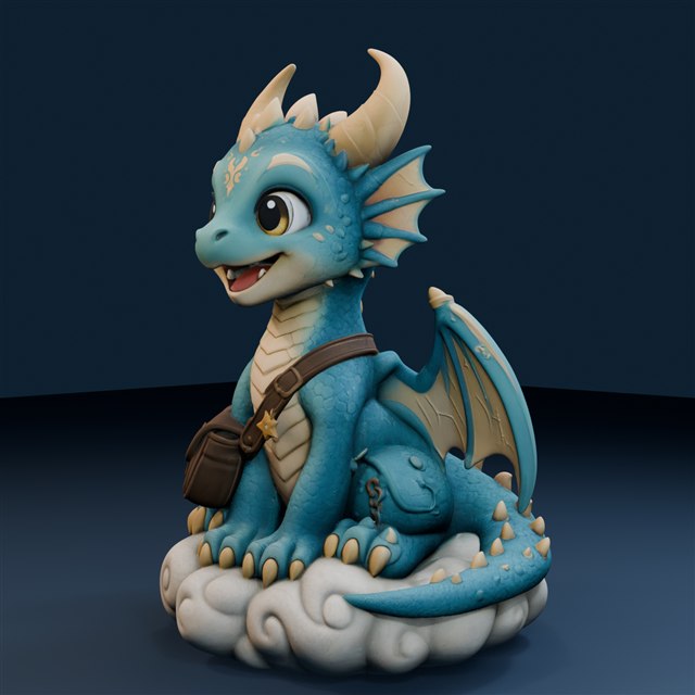 Blue and gold winged dragon with travel bags perched on a sculpted cloud base