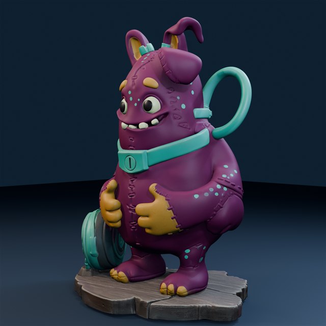 Round purple gremlin wearing large turquoise headphones on a scenic plinth