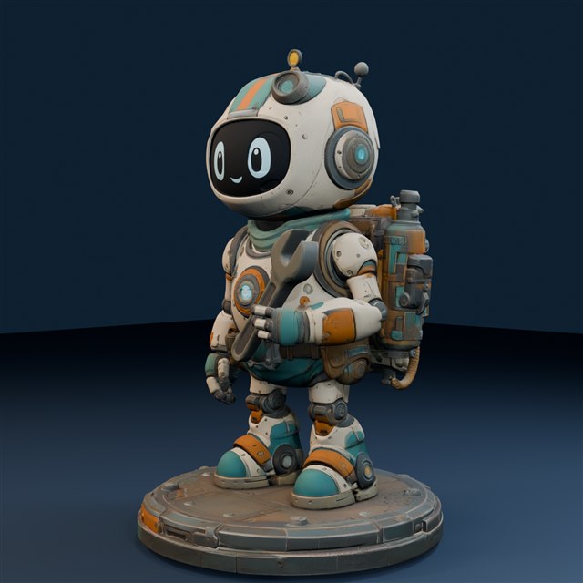 Cream and turquoise workshop robot holding a spanner, with a tool backpack