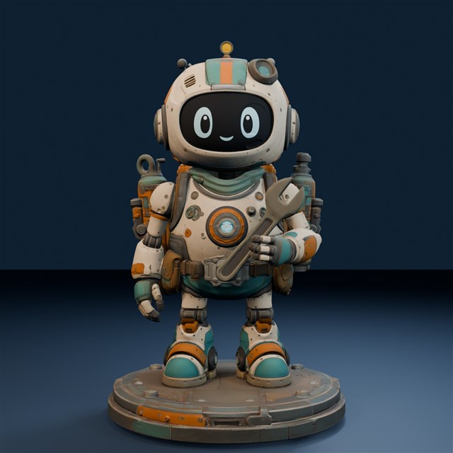 Front render of the workshop robot showing its screen face, spanner and stance