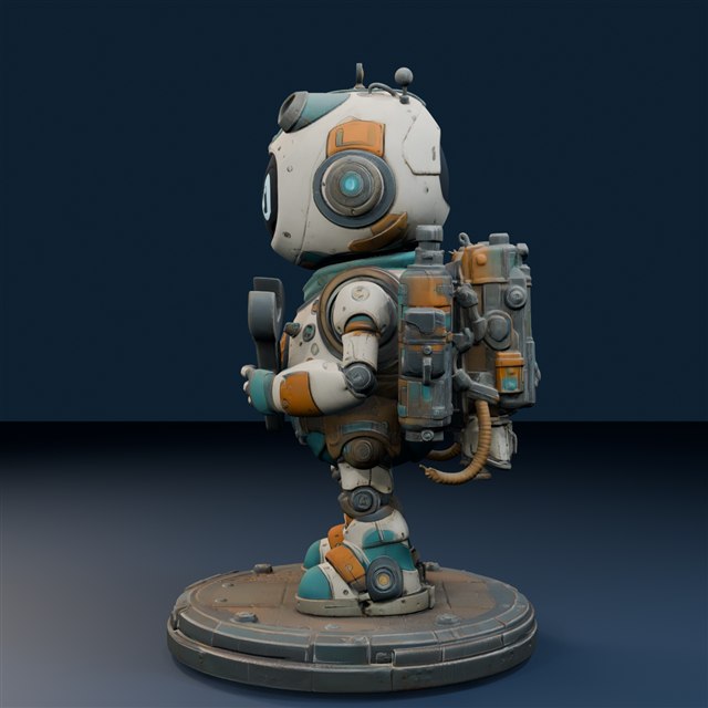 Side render of the same workshop robot showing the depth of its body and backpack
